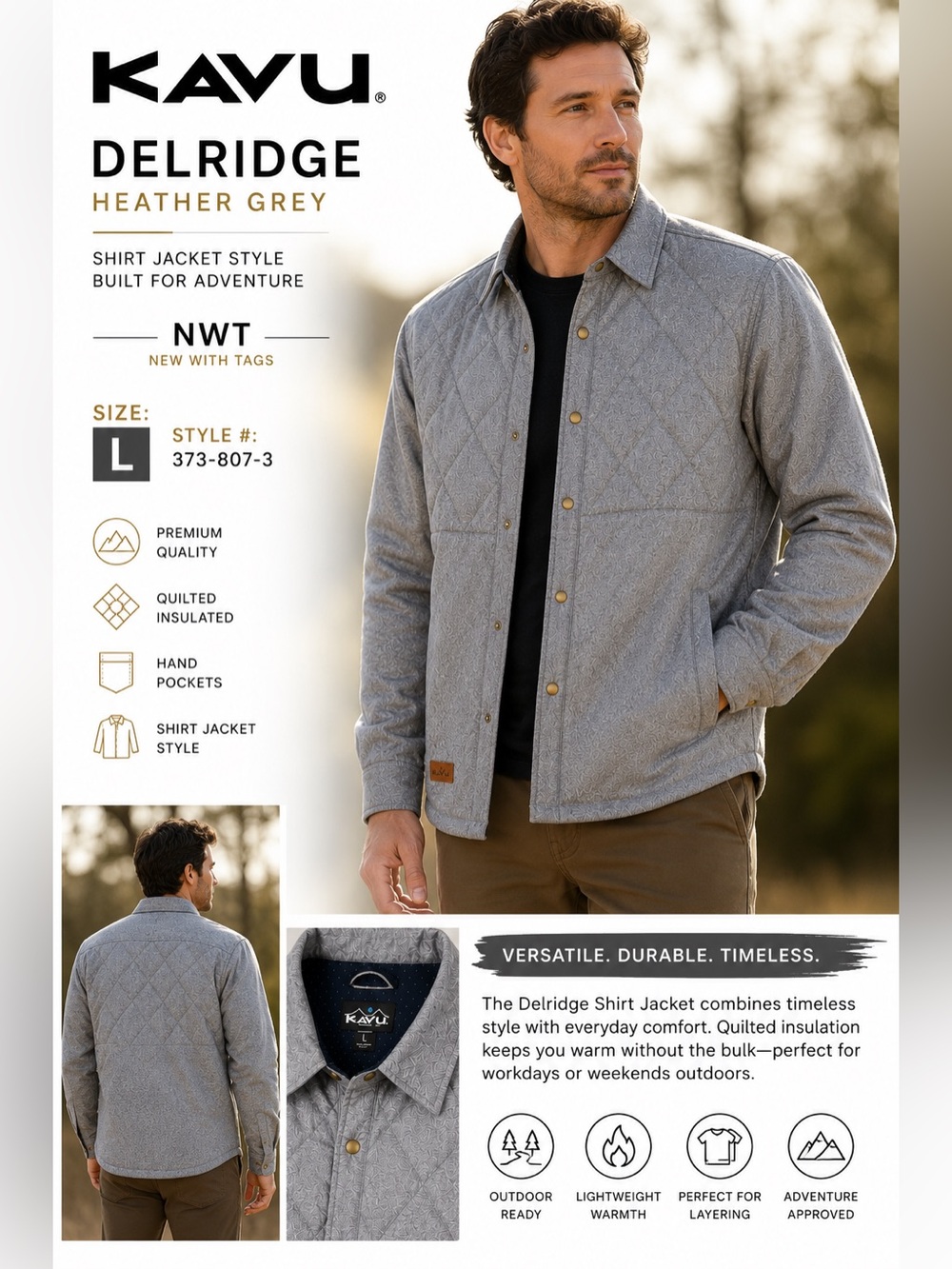 KAVU Delridge Heather Grey Quilted Shirt Jacket NWT Size L